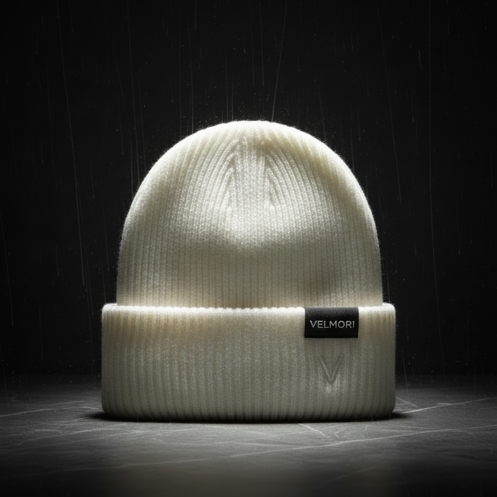 VELMORI Luxe Crest Beanie - White Fixed Tag